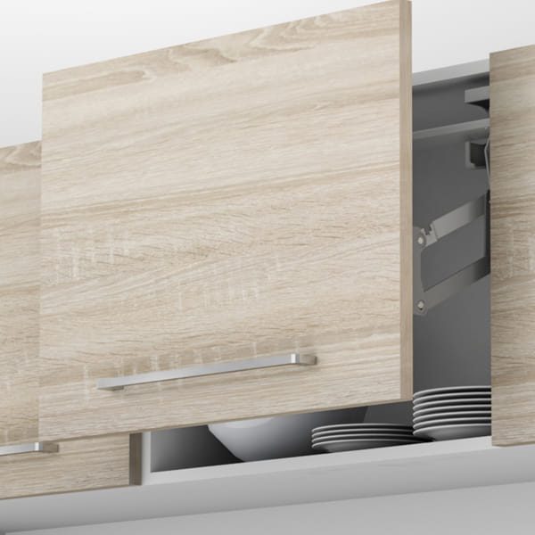 Vertical parallel lift-up cabinet door offering smooth motion and space-saving access